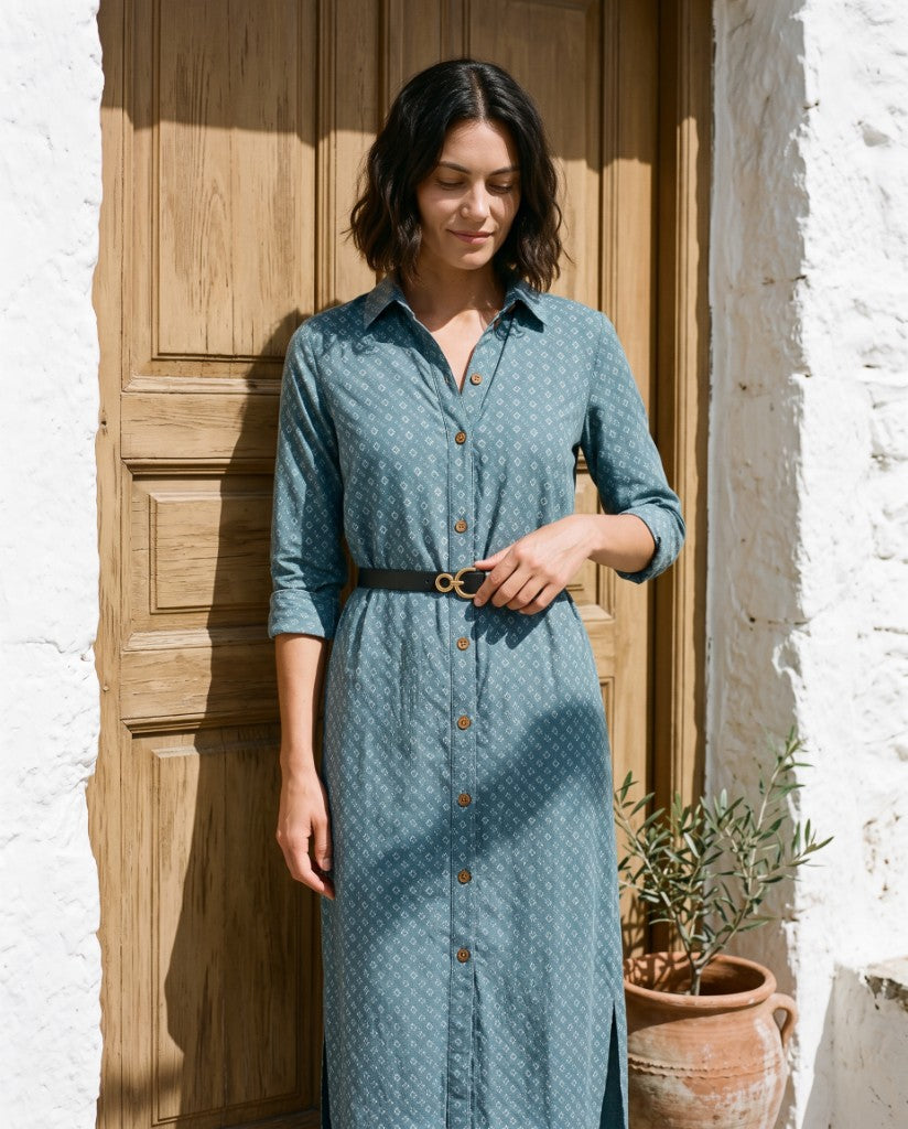 Front view of the blue midi shirt dress