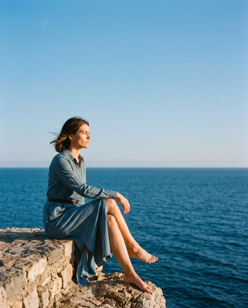 Woman seated above the sea in the blue midi shirt dress
