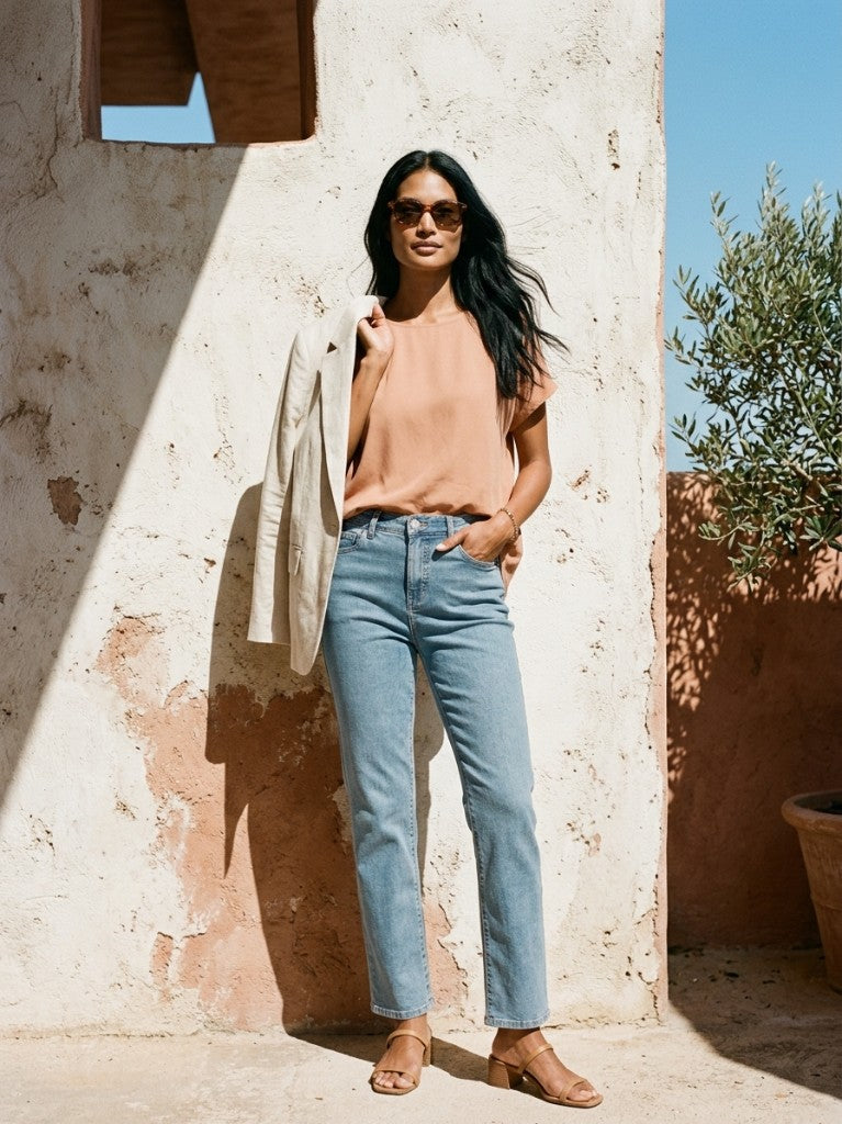Front view of the Charlotte medium-blue straight leg jeans