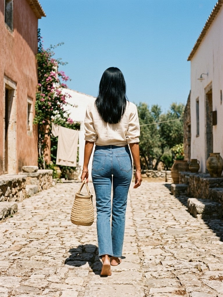 Back view of the Charlotte medium-blue straight leg jeans
