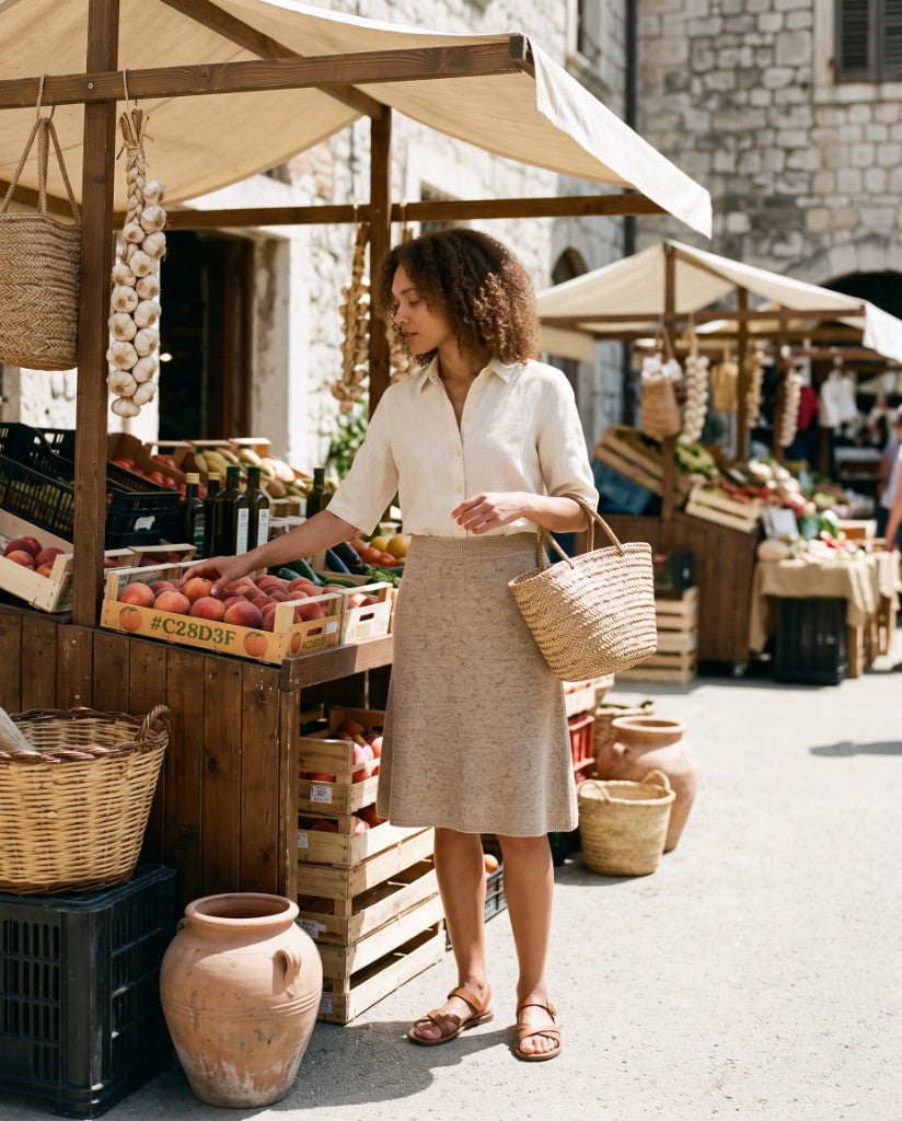 Woman shopping at a market in the neutral knit skirt