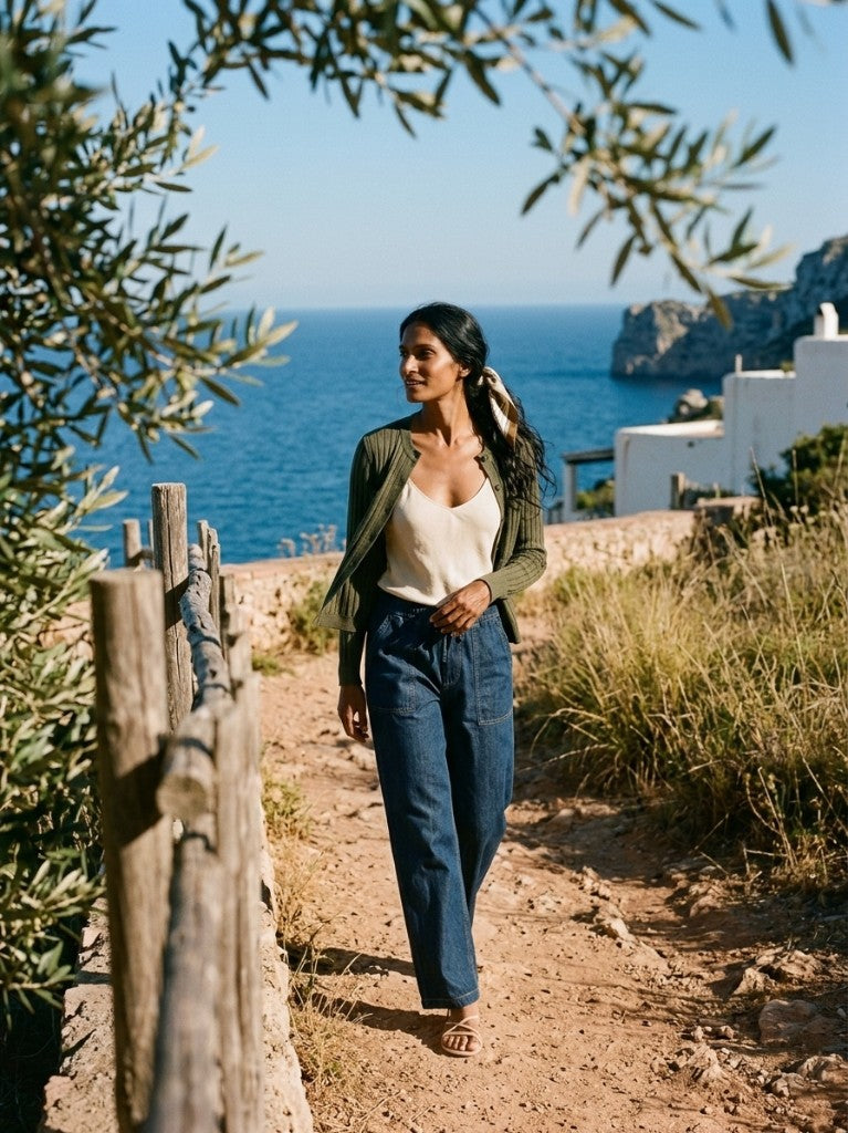 Woman walking by the sea in the olive ribbed cardigan