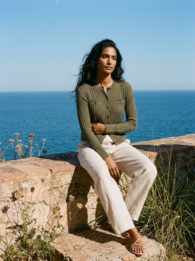 Woman seated by the sea in the olive ribbed cardigan