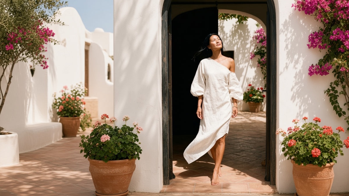 Woman in a cream linen dress in a sunlit Greek courtyard