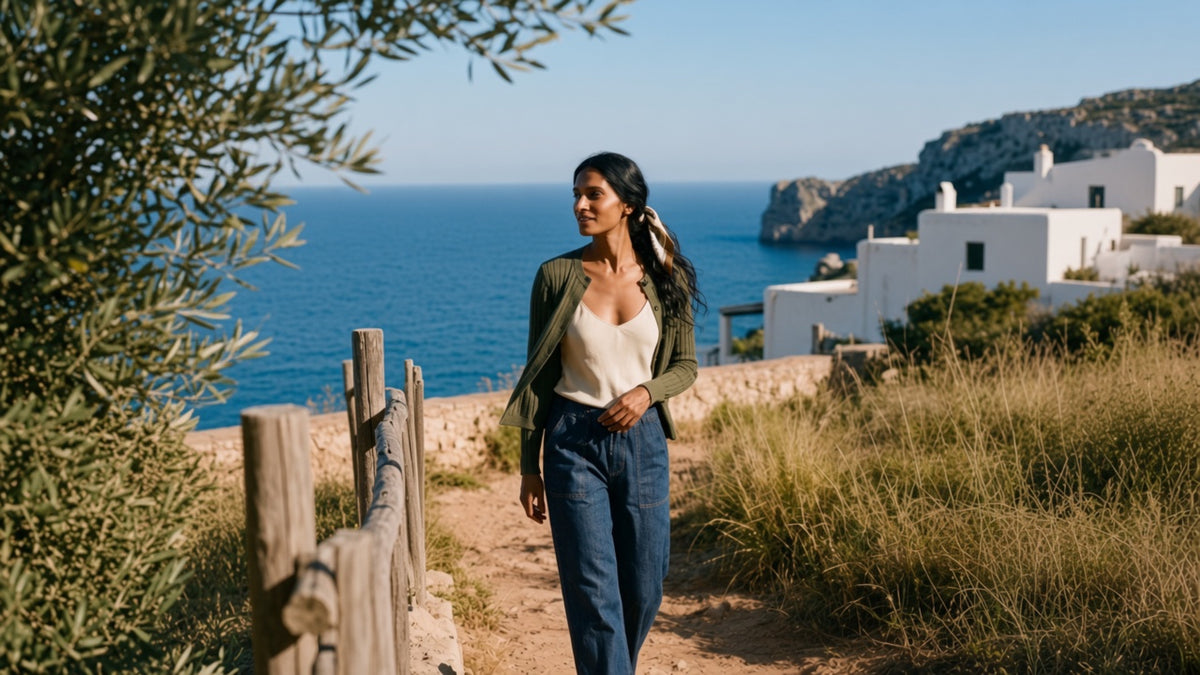 Woman in an olive cardigan on a Greek seaside path