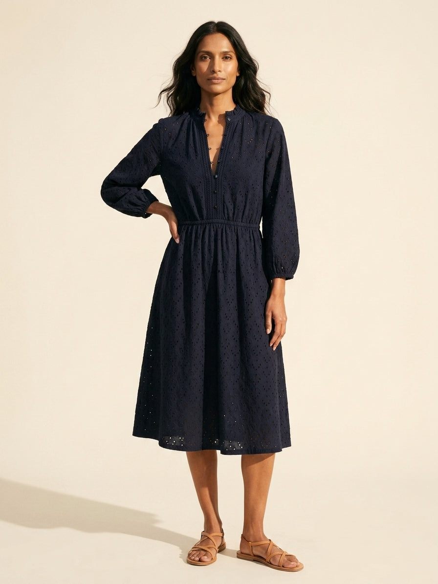 Women's Knit Eyelet Dress - Ruffle Collar & Stretch Waist — Main Model