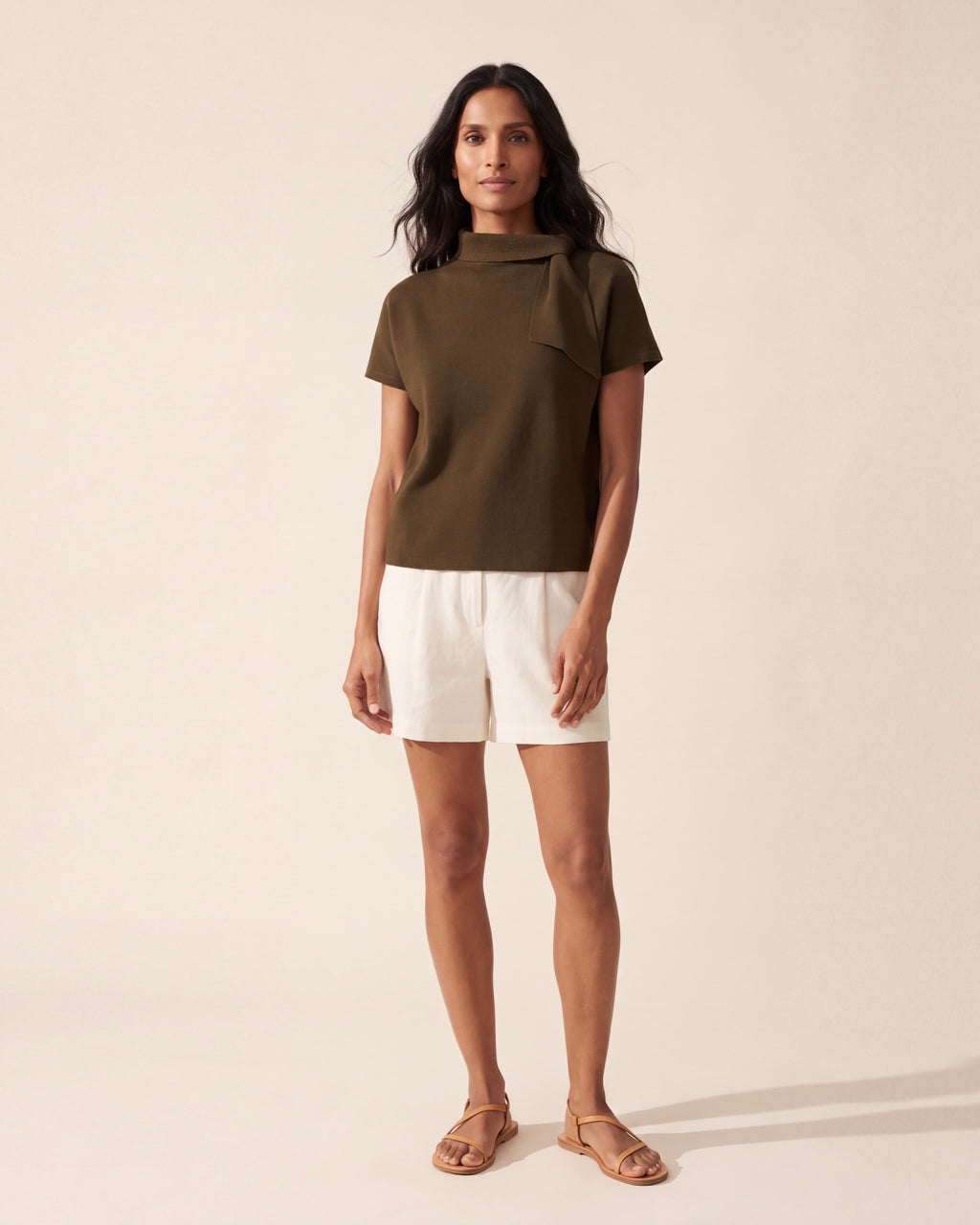 Elegant Scarf-Neck Short-Sleeve Sweater Top | Cotton Silk Blend — Main Model