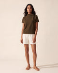 Elegant Scarf-Neck Short-Sleeve Sweater Top | Cotton Silk Blend — Main Model