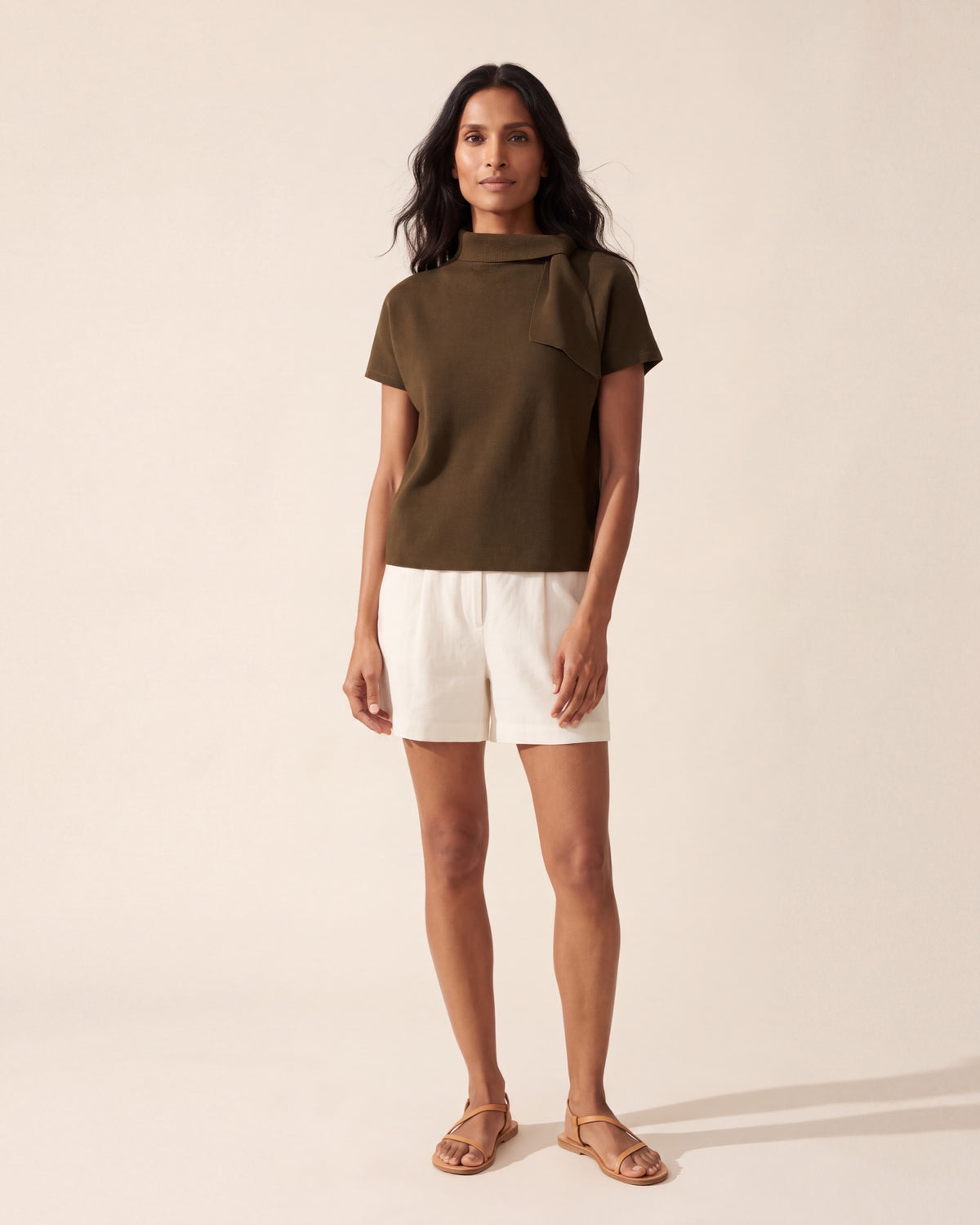 Elegant Scarf-Neck Short-Sleeve Sweater Top | Cotton Silk Blend — Main Model