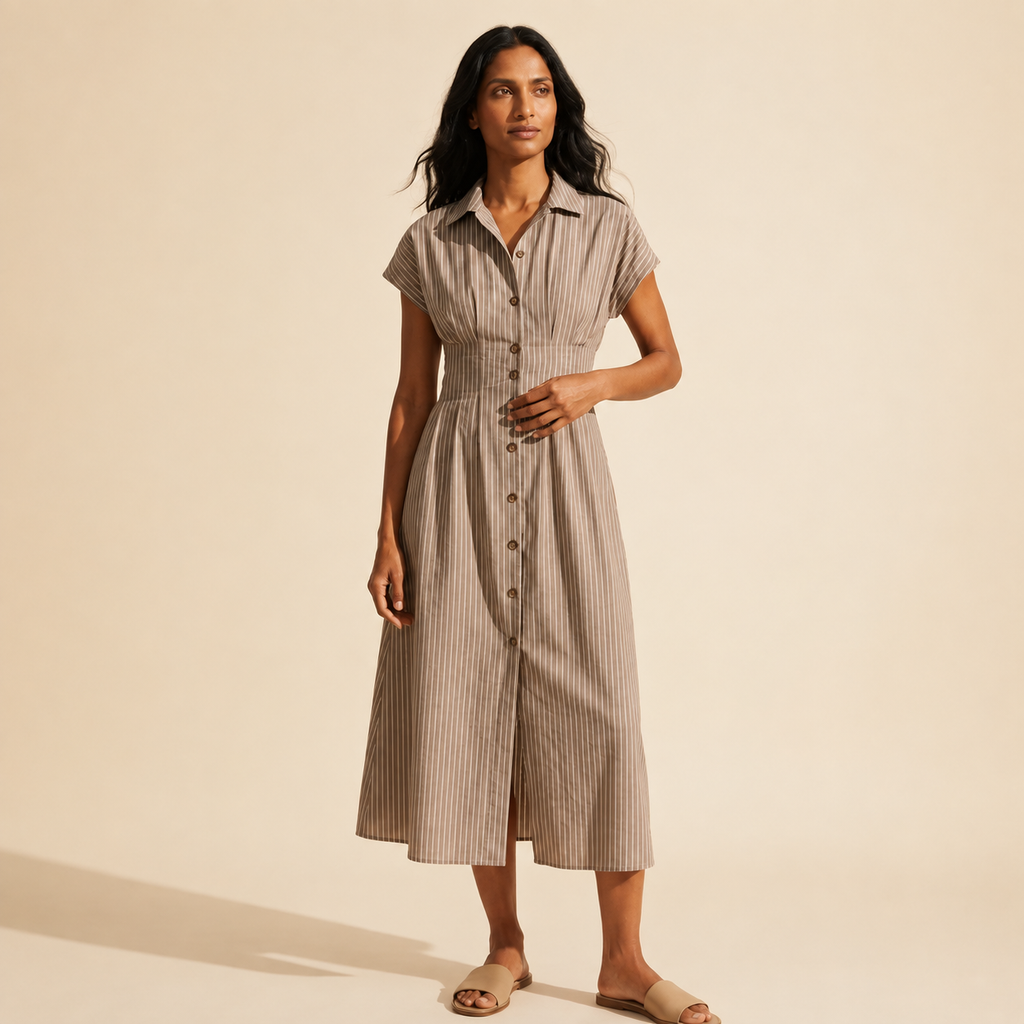 Women's Midi Shirt Dress - Button-Front & Tie-Waist Comfort — Main Model