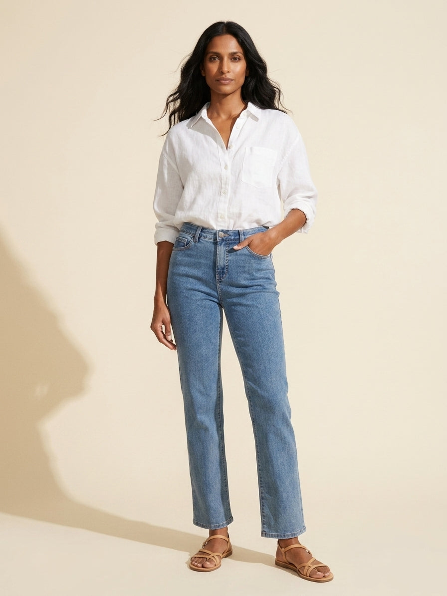 Charlotte Straight Leg Jeans: Flattering Medium Blue Denim — Main Model