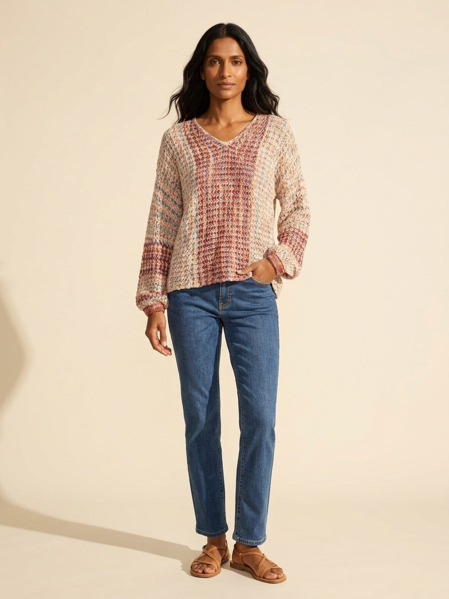 Rosebud Novelty Knit V-Neck Sweater | Soft, Textured Pullover — Main Model