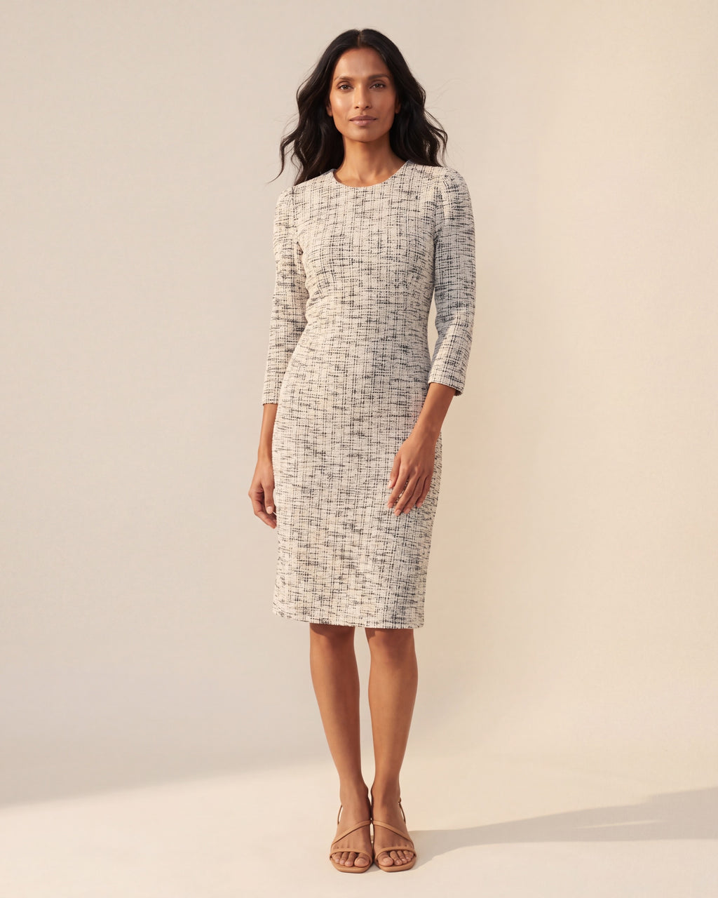 Black Off-White Boucle Dress | Women's Classic Textured Dress — Main Model