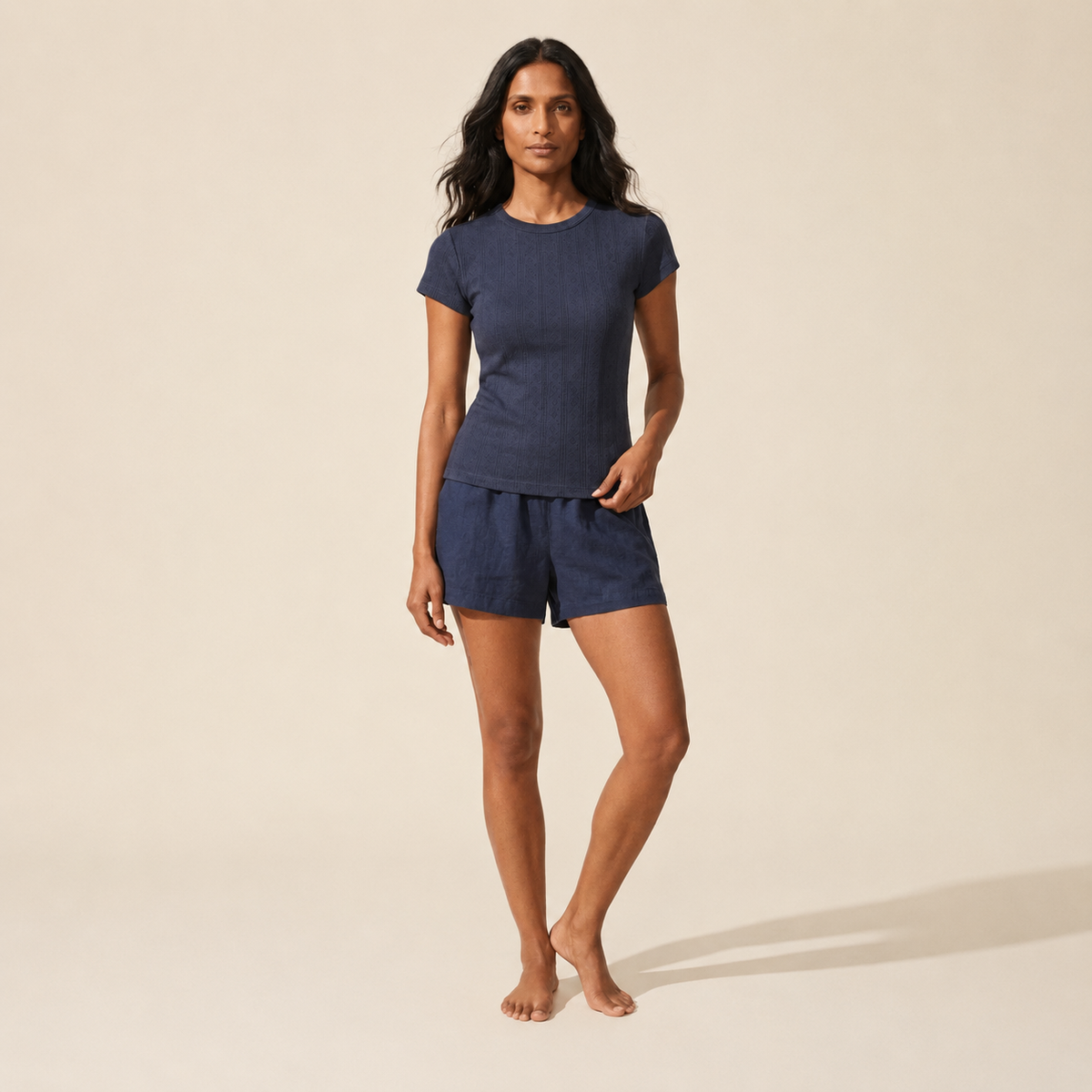 Soft Pointelle Crew Neck Tee for Women | Everyday Basic Top — Main Model