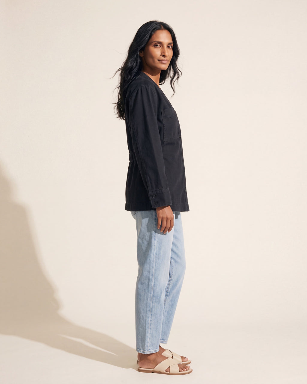 Women's Cinch-Waist Denim Jacket | Structured Cotton Outerwear — Main Model