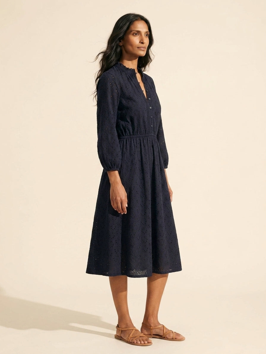 Women's Knit Eyelet Dress - Ruffle Collar & Stretch Waist — Main Model