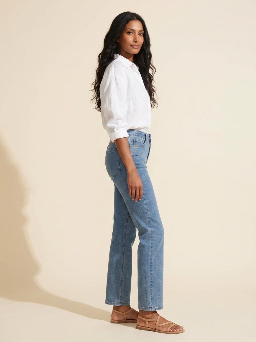 Charlotte Straight Leg Jeans: Flattering Medium Blue Denim — Main Model