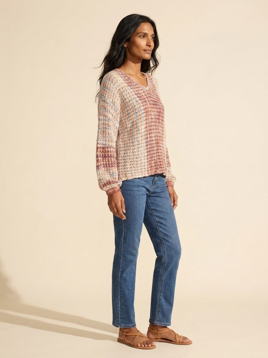 Rosebud Novelty Knit V-Neck Sweater | Soft, Textured Pullover — Main Model