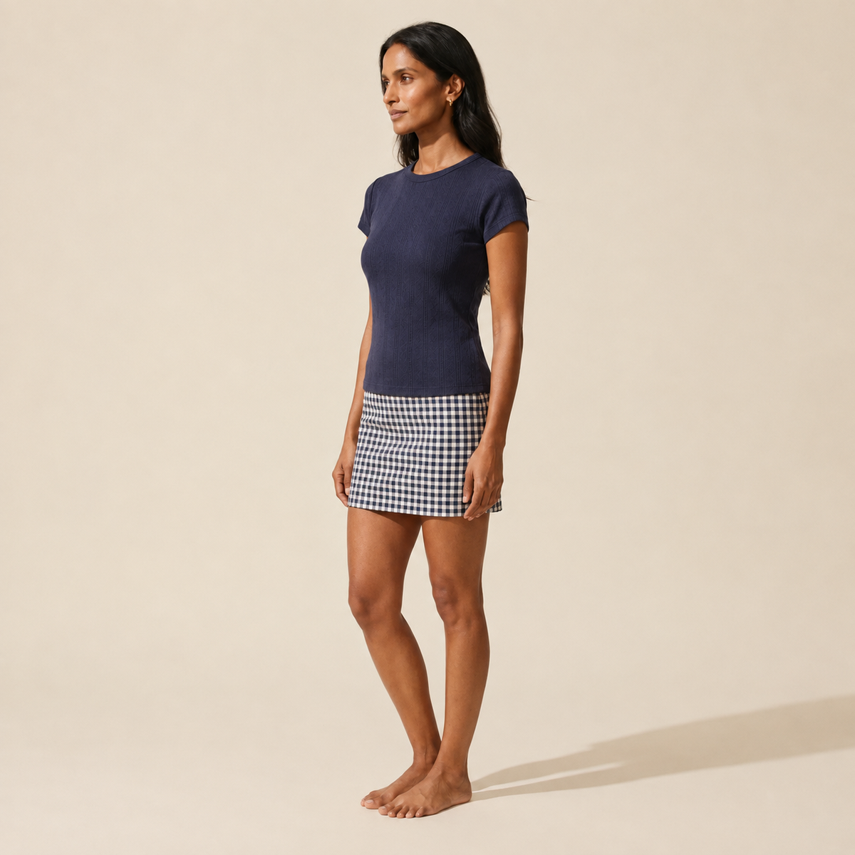 Soft Pointelle Crew Neck Tee for Women | Everyday Basic Top — Main Model