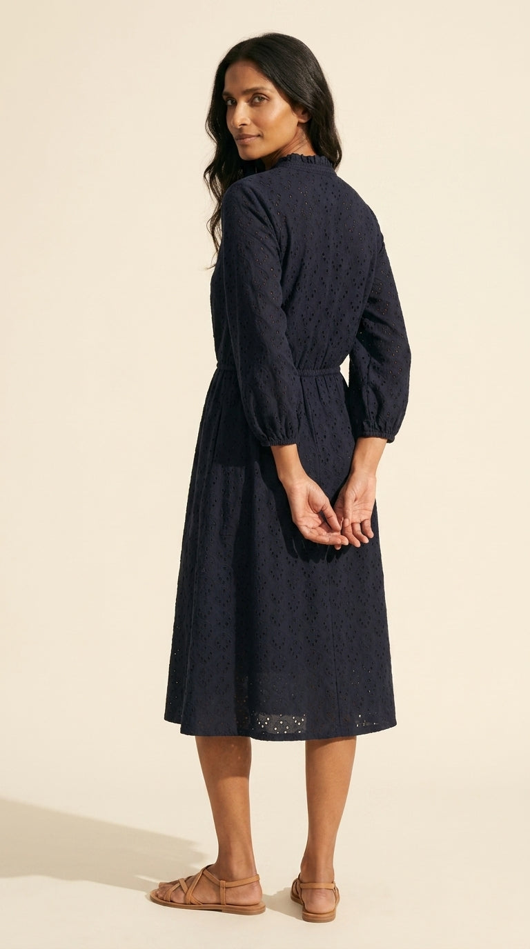 Women's Knit Eyelet Dress - Ruffle Collar & Stretch Waist — Main Model
