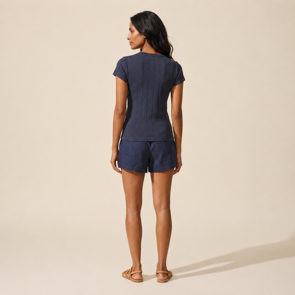 Soft Pointelle Crew Neck Tee for Women | Everyday Basic Top — Main Model