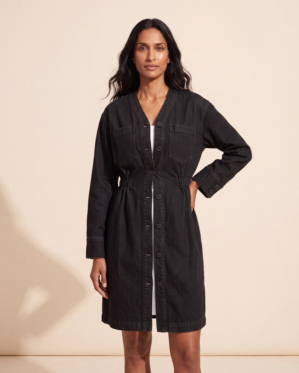 Women's Cinch-Waist Denim Jacket | Structured Cotton Outerwear — Main Model