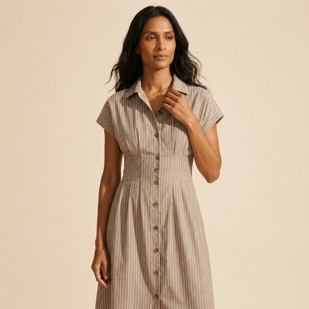 Women's Midi Shirt Dress - Button-Front & Tie-Waist Comfort — Main Model