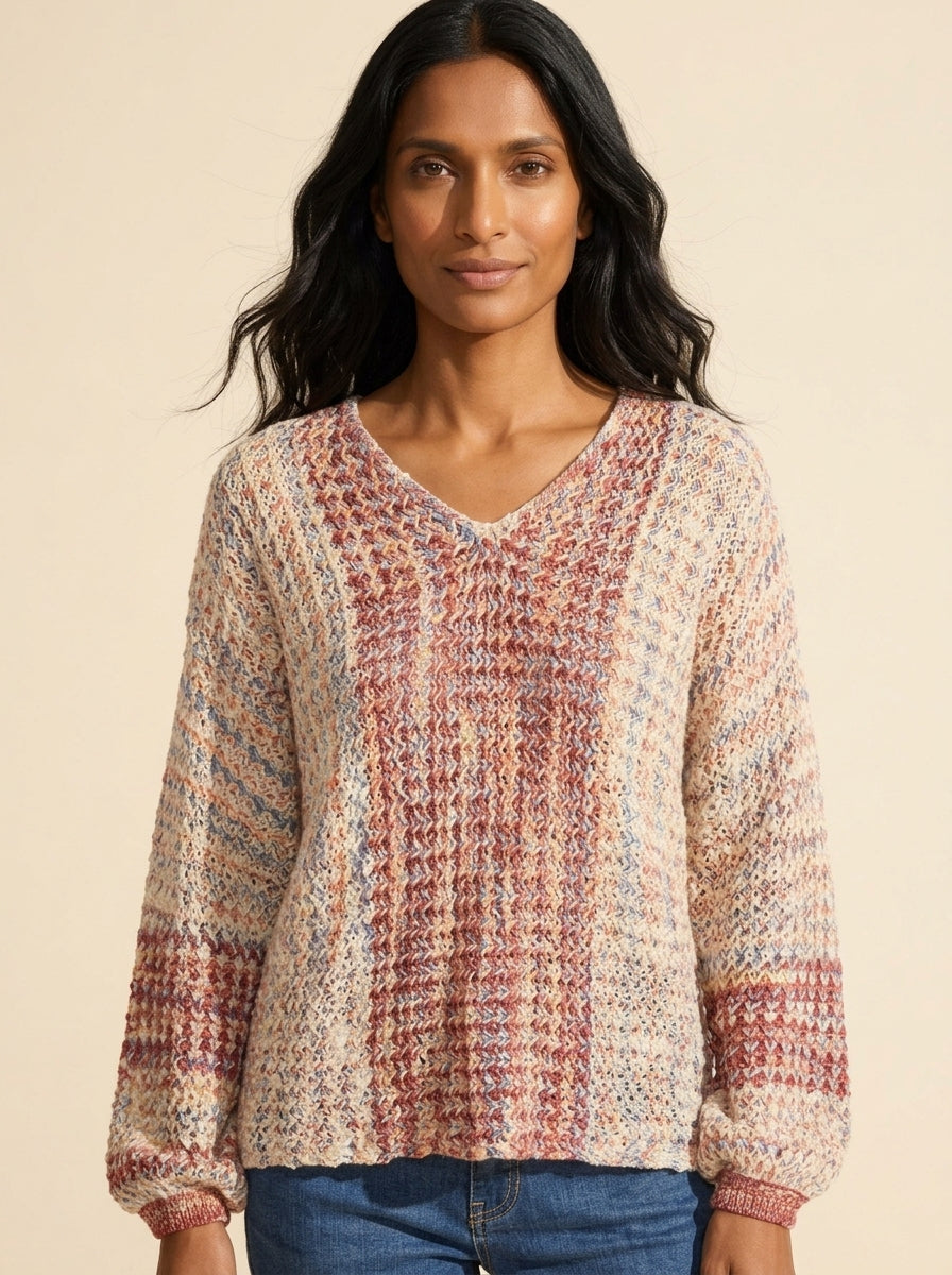 Rosebud Novelty Knit V-Neck Sweater | Soft, Textured Pullover — Main Model