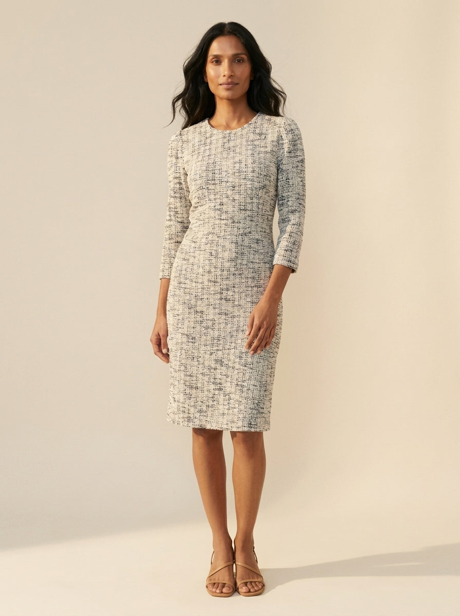 Black Off-White Boucle Dress | Women's Classic Textured Dress — Main Model