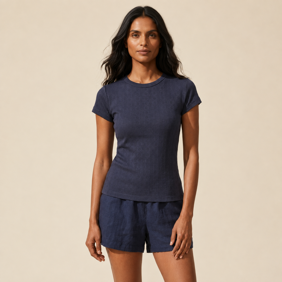 Soft Pointelle Crew Neck Tee for Women | Everyday Basic Top — Main Model