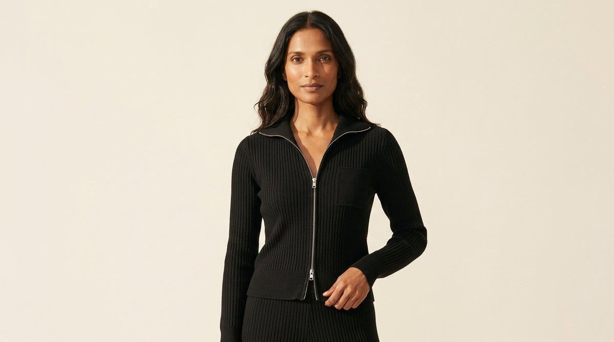 Kaine Ribbed Two-Way Zip Sweater | Versatile Cardigan Top — Main Model