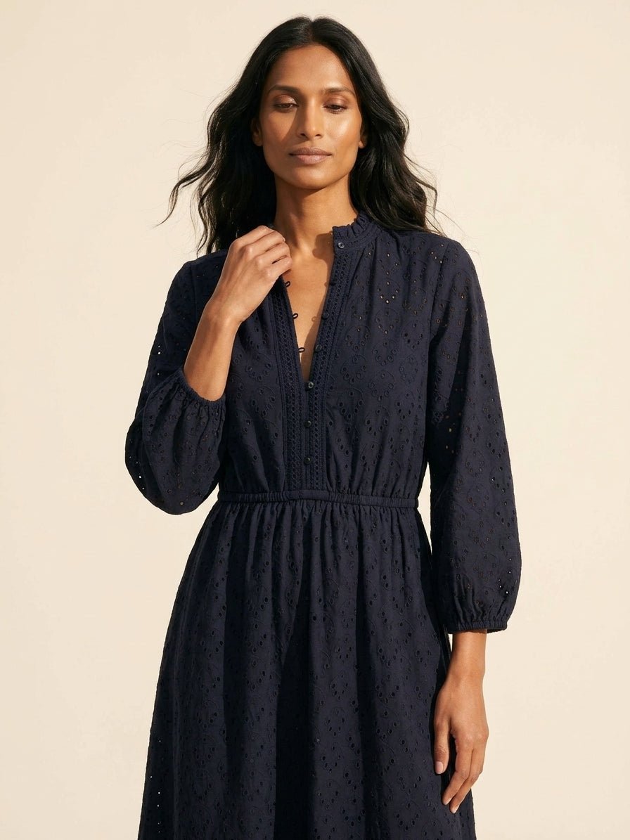 Women's Knit Eyelet Dress - Ruffle Collar & Stretch Waist — Main Model
