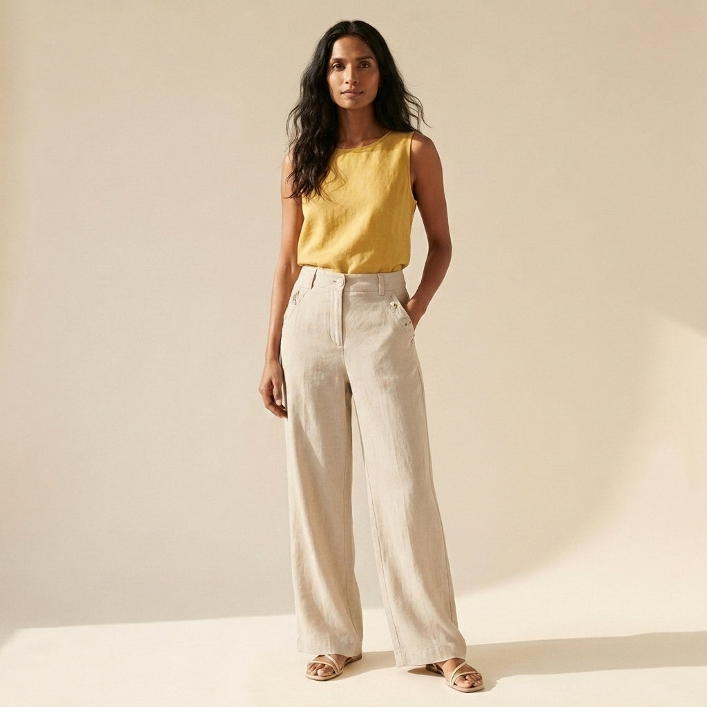 Women's Cotton Linen Wide Leg Pants - Relaxed Fit Trousers — Apricot