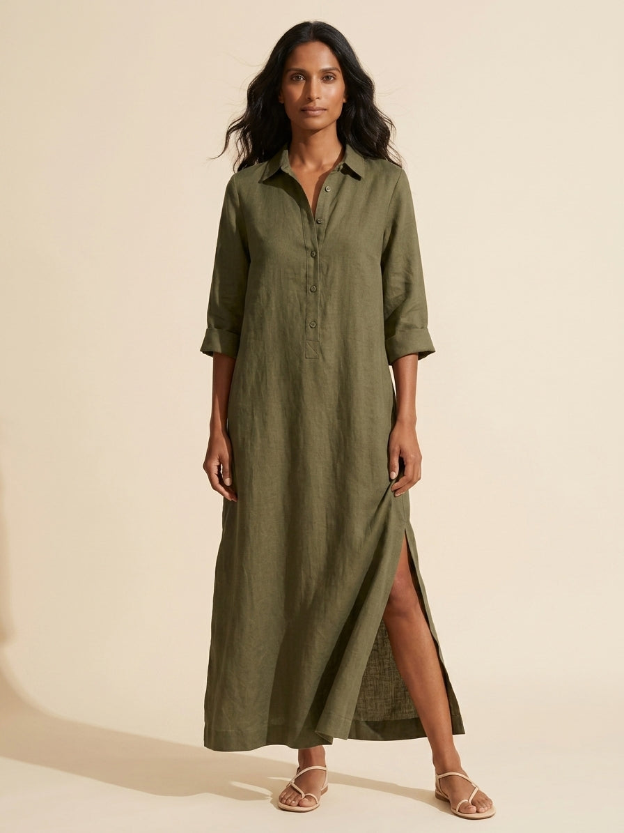 Women's Cotton Long Shirt Dress - Relaxed Maxi Fit — Army Green
