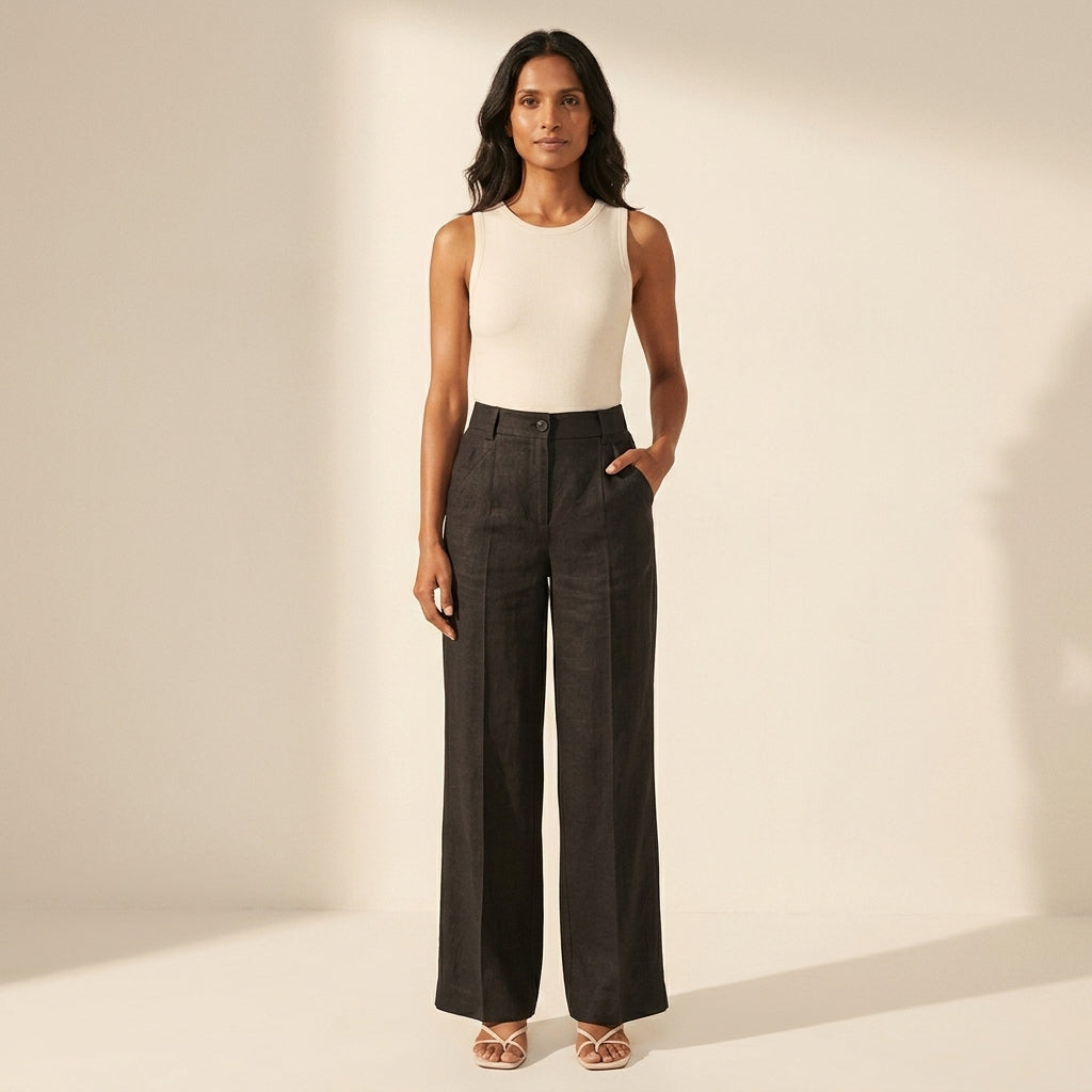 Women's Cotton Linen Wide Leg Pants - Relaxed Fit Trousers — Black