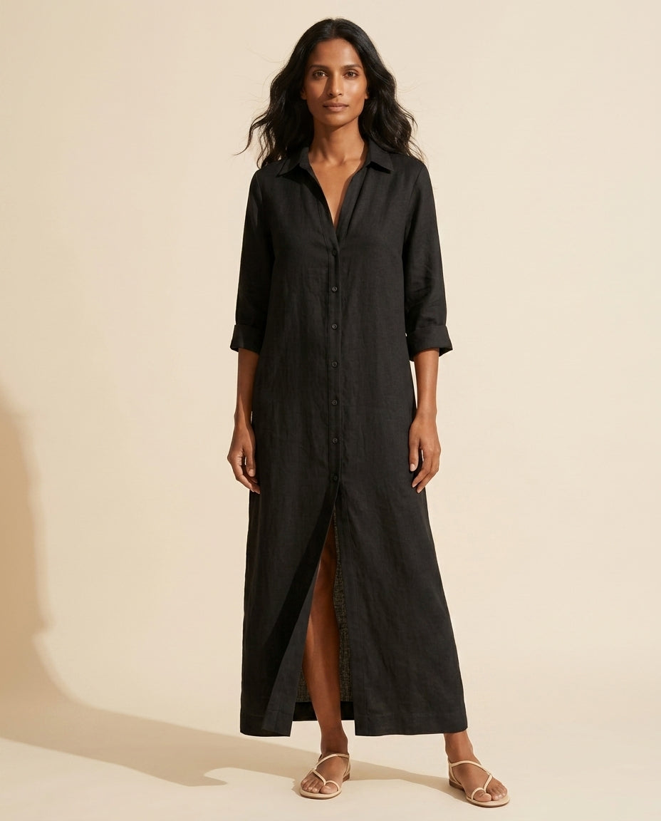 Women's Cotton Long Shirt Dress - Relaxed Maxi Fit — Black