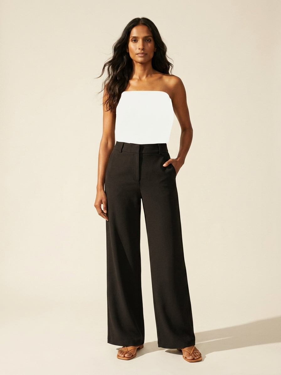 Women's Stretchy Mid-Rise Wide Leg Trousers | Versatile Pants — Black
