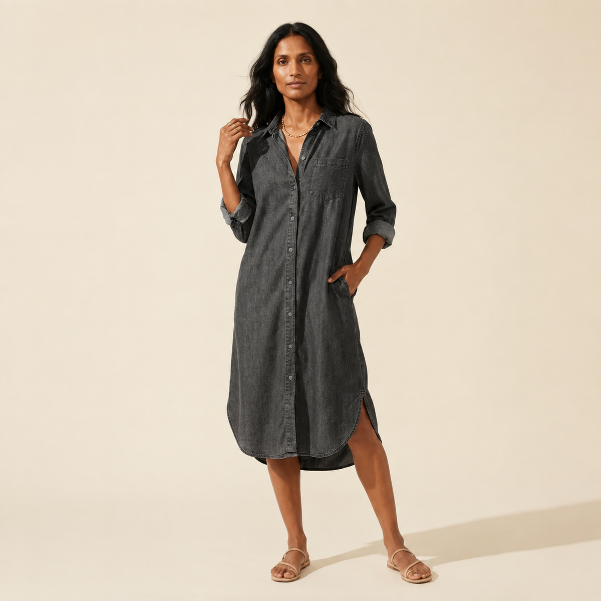 Casual Denim Shirt Dress for Women | Comfortable Midi Fit — Black