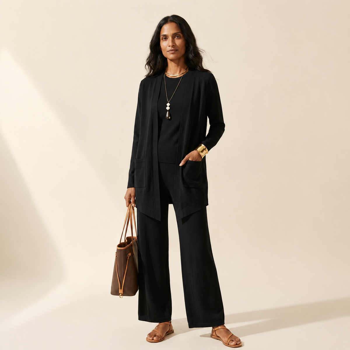Women's 3-Piece Pant Set: Vest, Top & Wide-Leg Pants — Black