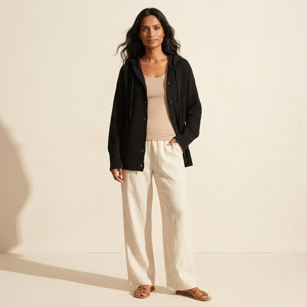 Women's Puffer Knit Cardigan - Warm Button-Down Sweater — Black