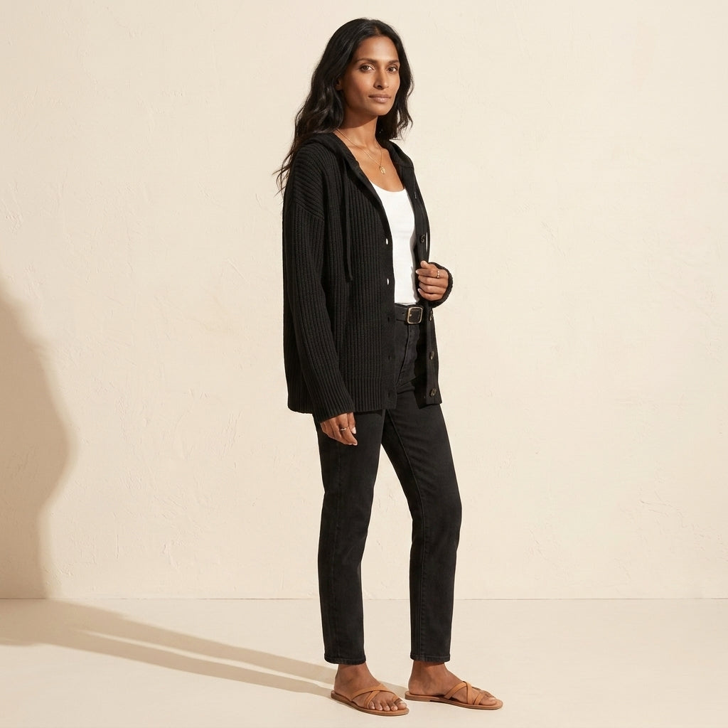 Women's Puffer Knit Cardigan - Warm Button-Down Sweater — Black
