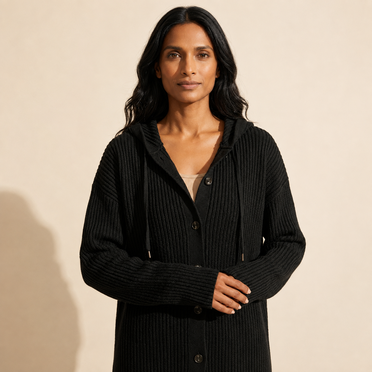 Women's Puffer Knit Cardigan - Warm Button-Down Sweater — Black