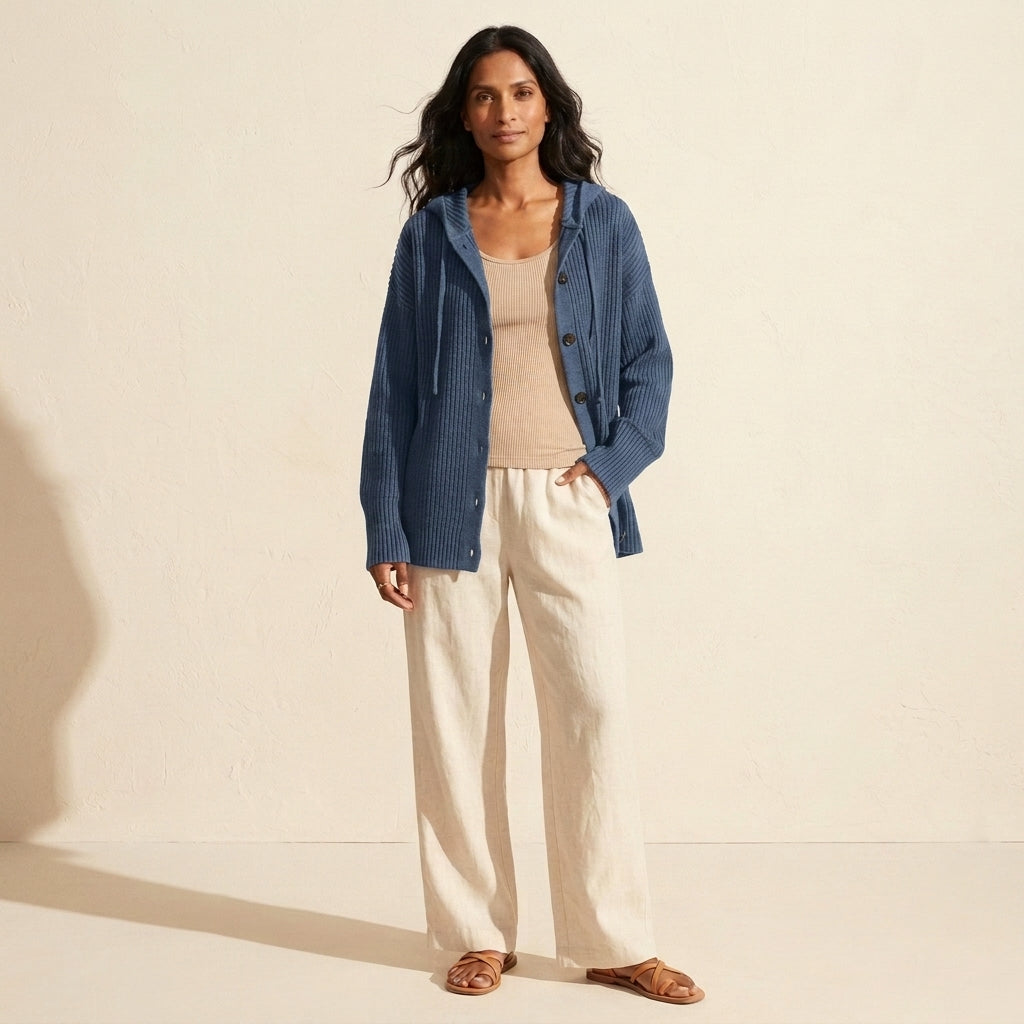 Women's Puffer Knit Cardigan - Warm Button-Down Sweater — Blue