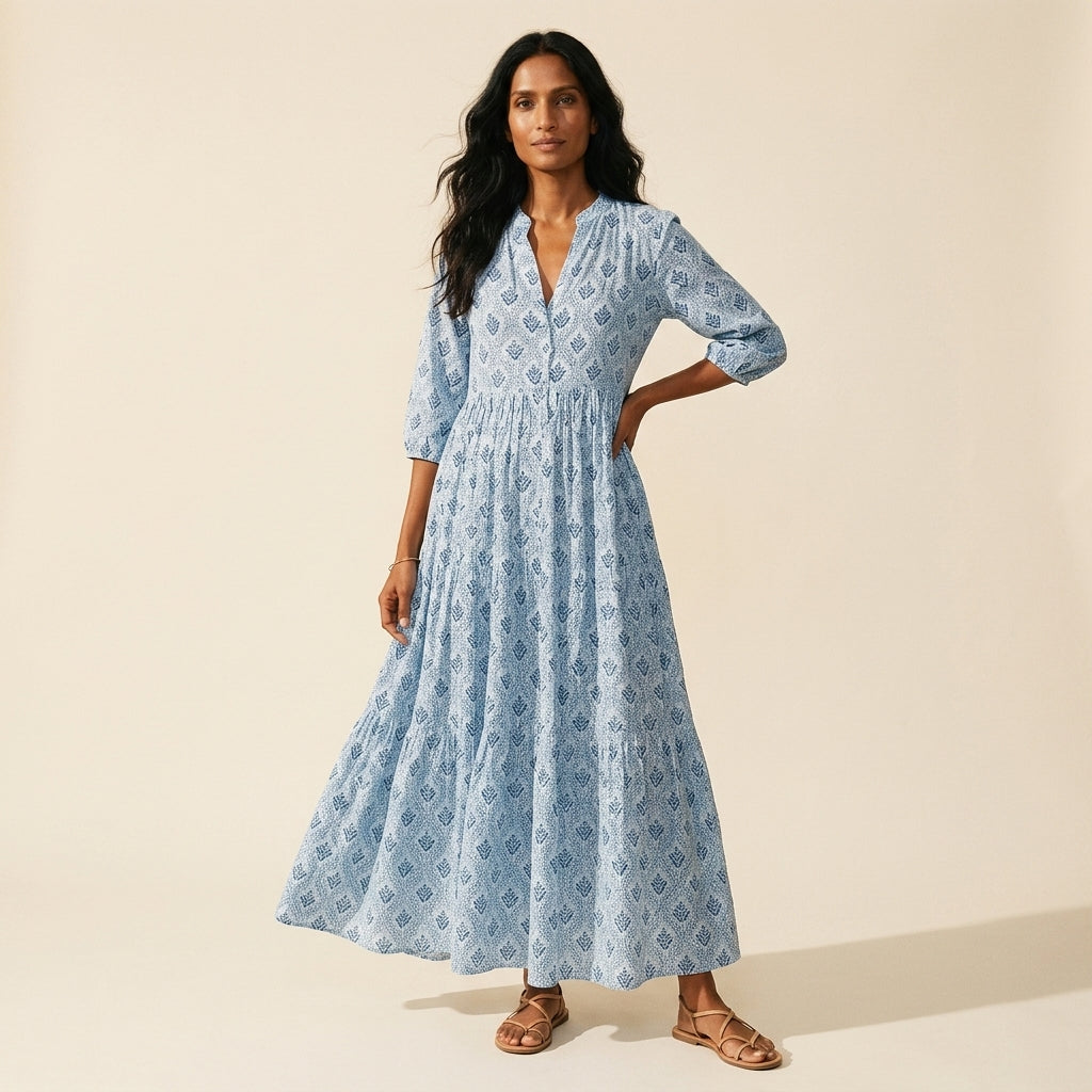 Women's Vintage Print Cotton Maxi Dress - Lightweight & Flowy — Blue