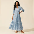 Women's Vintage Print Cotton Maxi Dress - Lightweight & Flowy — Blue