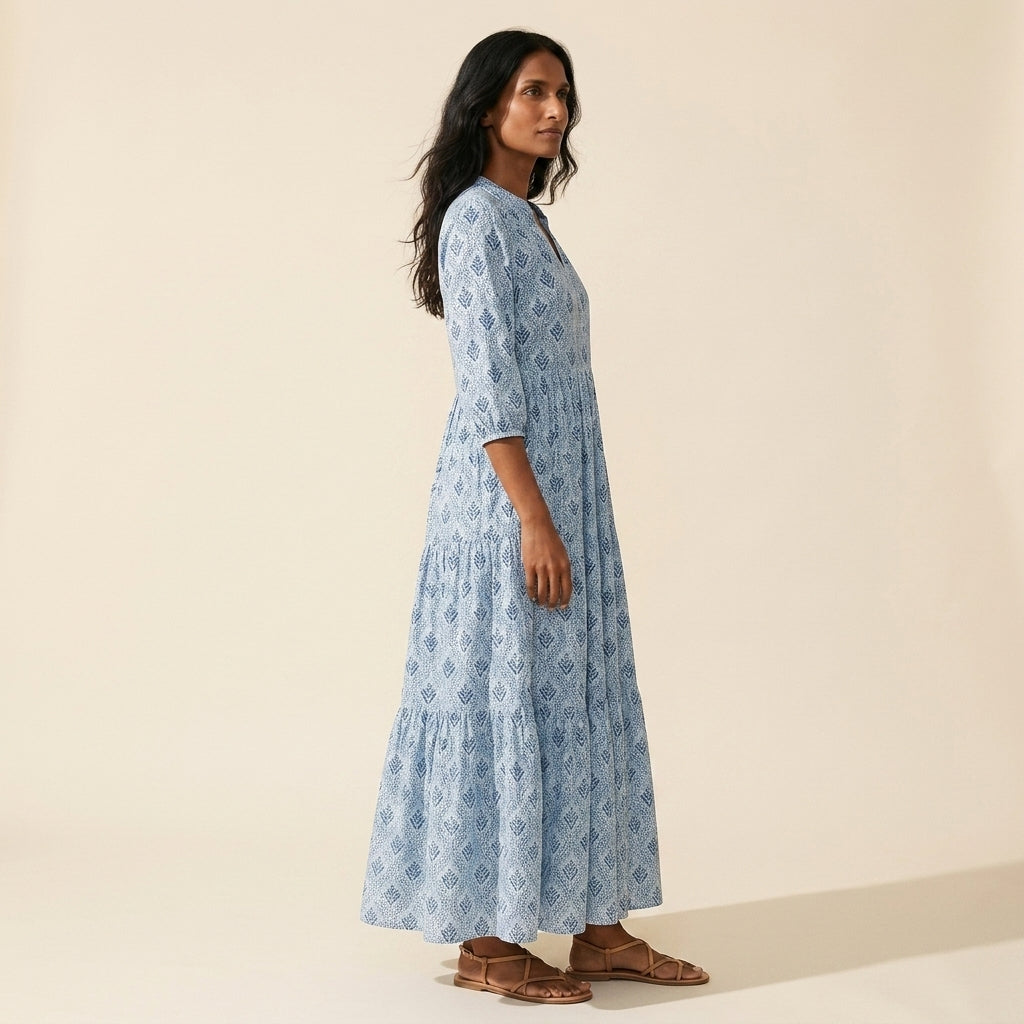 Women's Vintage Print Cotton Maxi Dress - Lightweight & Flowy — Blue