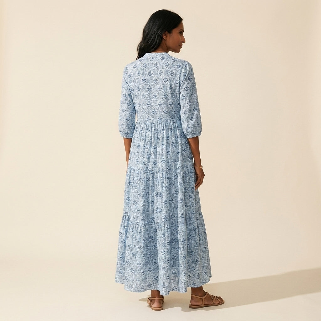 Women's Vintage Print Cotton Maxi Dress - Lightweight & Flowy — Blue