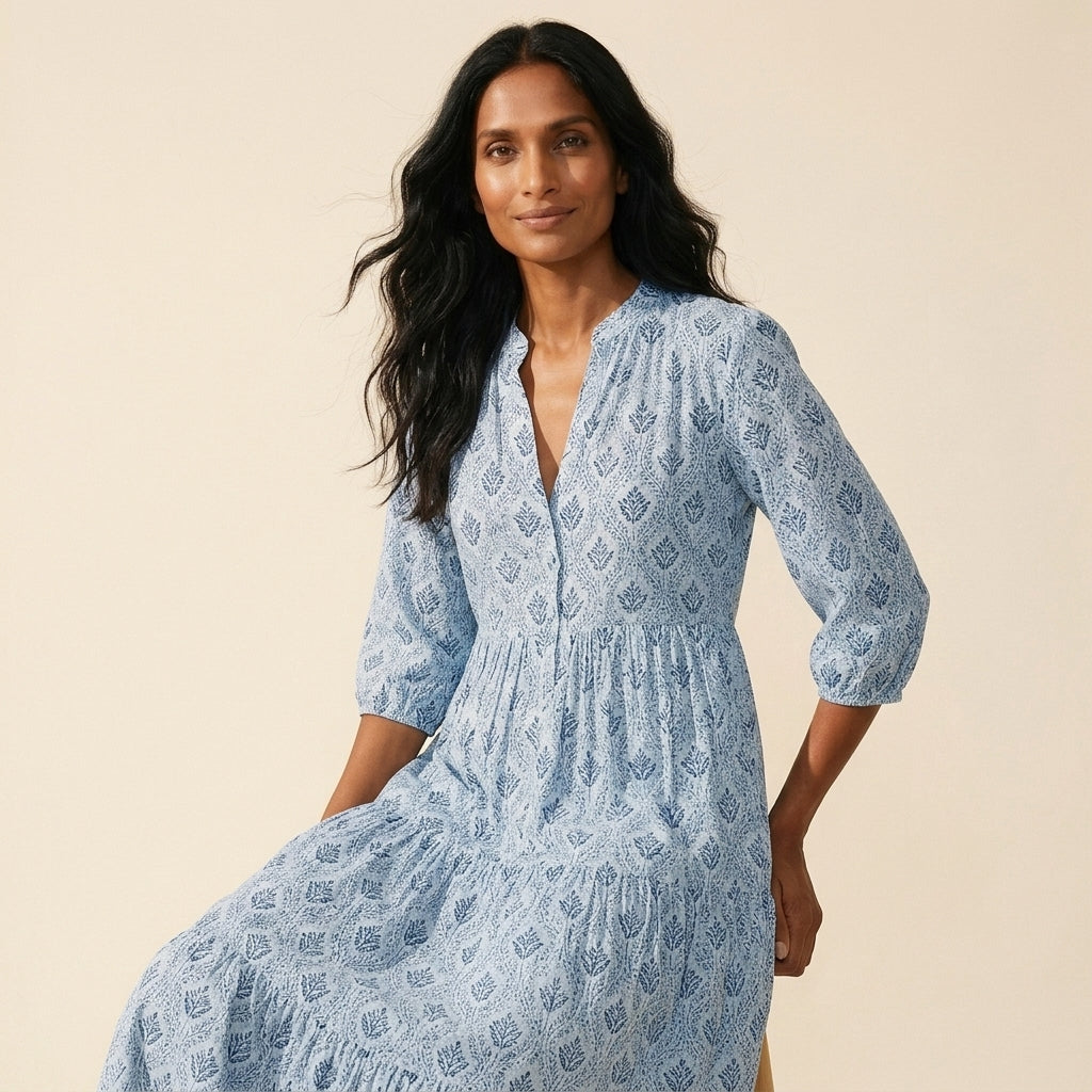 Women's Vintage Print Cotton Maxi Dress - Lightweight & Flowy — Blue