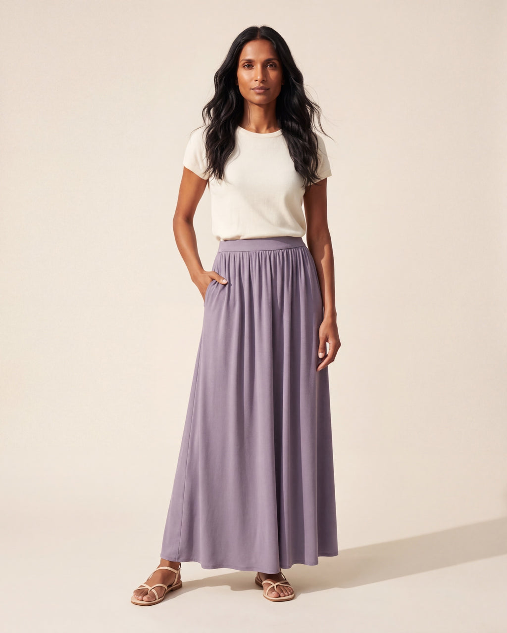 Soft Linen Knit Maxi Skirt with Pockets | Gathered A-Line Style — Blue Lilac