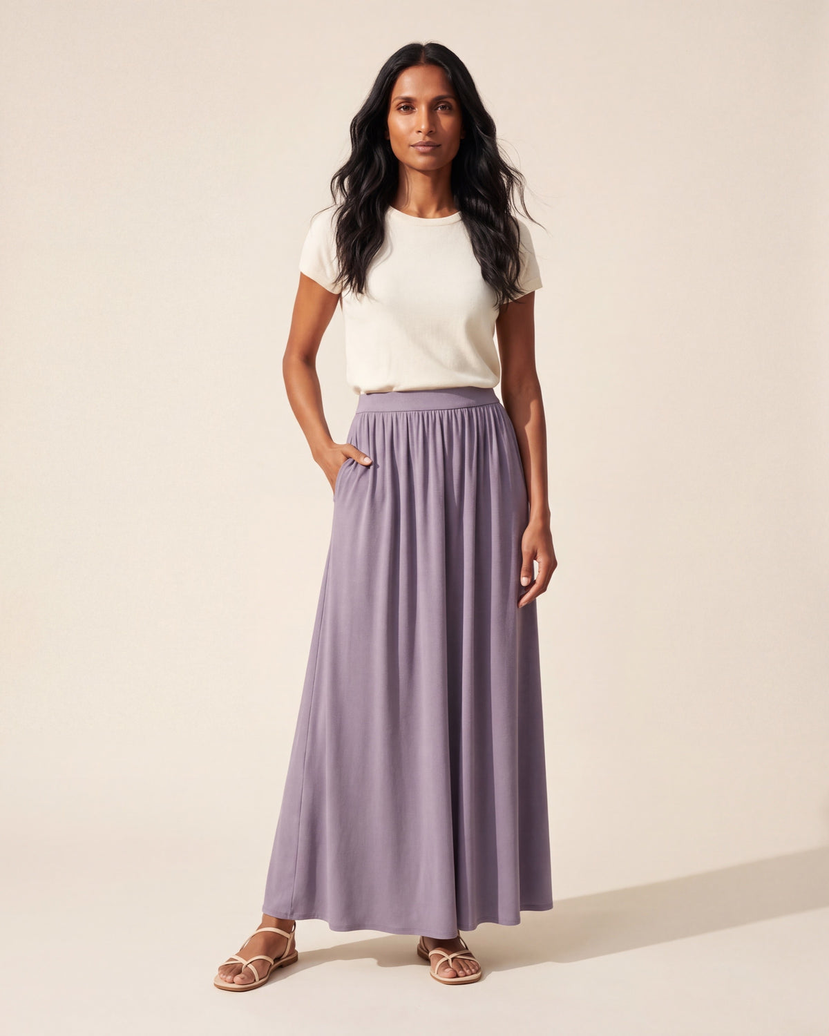 Soft Linen Knit Maxi Skirt with Pockets | Gathered A-Line Style — Blue Lilac
